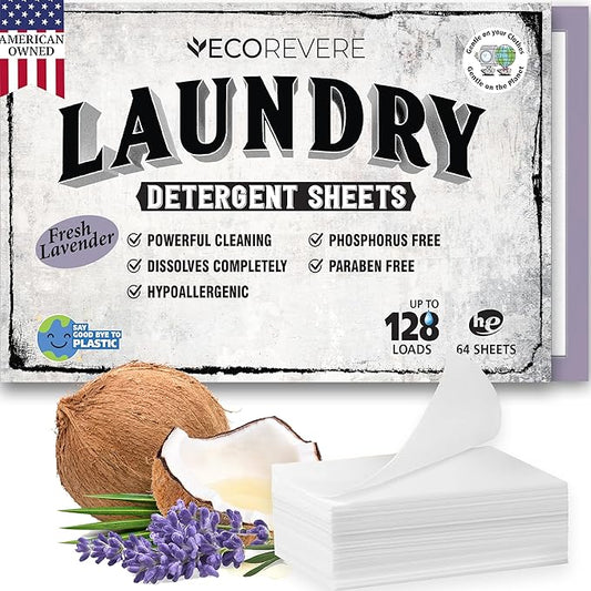 Lavender Laundry Detergent Sheets - Eco Friendly Hypoallergenic for Sensitive Skin, Natural Plant Based Washer Sheets, Travel Laundry Detergent, Chemical Free, Lavender Scent (64cnt/128 Small Loads)