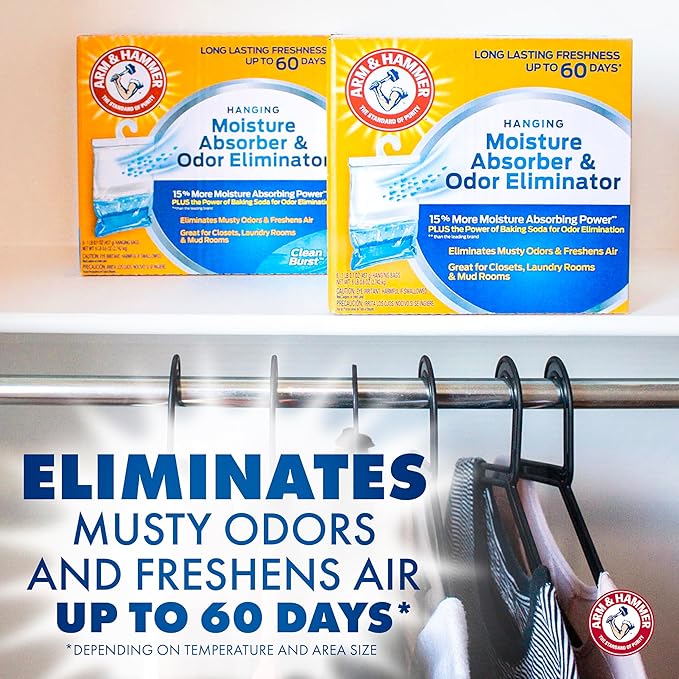 Arm & Hammer Hanging Moisture Absorber and Odor Eliminator, 16.1 oz., 6 Pack, Fragrance Free, Moisture Absorbers for Closet and Small Rooms, Long-Lasting Freshness