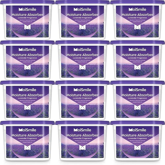 Moisture Absorbers 12 Packs, 10.8 Oz Lavender Vanilla Efficient Humidity Absorber ＆ Odor Eliminator Boxes, Refillable Car Dehumidifier for Closet, Bathroom, Basement＆ RV