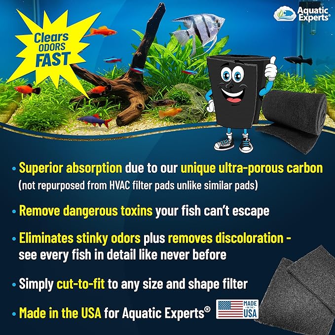 Aquarium Carbon Pad – Cut‑to‑Fit Carbon Infused Filter Pad Media for Crystal Clear Fish Tanks and Ponds, 3/8"–1/2" Thick (10.5 Inch Width, 36 Inch Long)
