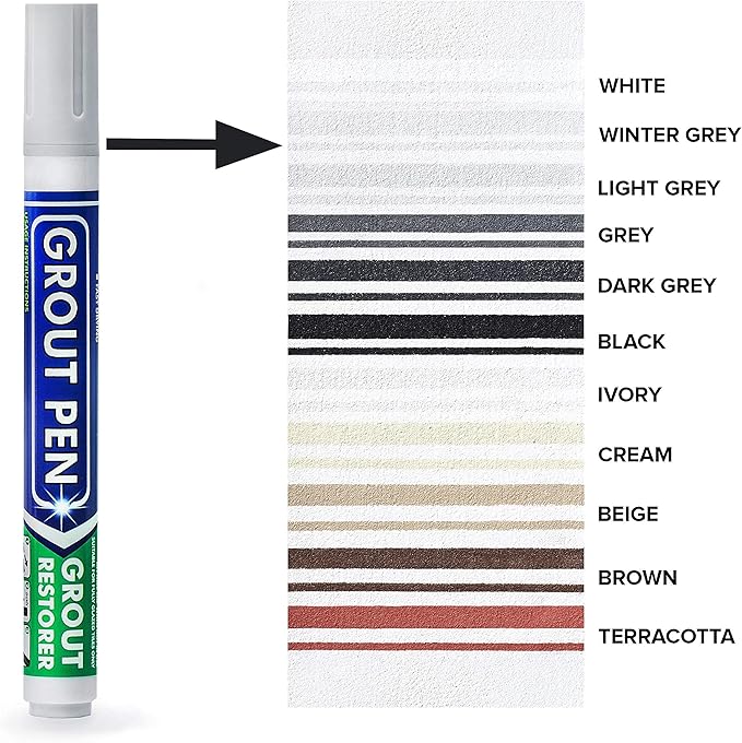 Grout Pen Tile Paint Marker: Waterproof Grout Colorant and Sealer Pen to Renew, Repair, and Refresh Tile Grout - Cleaner Coating Stain Pens - 2 Pack, 5mm Narrow Winter Grey and 5mm Narrow White Tip