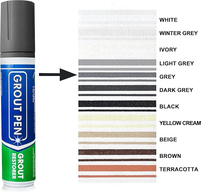 Grout Pen Tile Paint Marker: Grey Wide 15mm with 5 Pack Replacement Tips - Waterproof Grout Colorant and Sealer Pen to Renew, Repair, and Refresh Tile Grout - Cleaner Coating Stain Pens