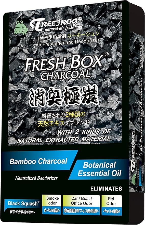 Treefrog Xtreme Fresh Box Charcoal Black Squash Scent 6-Pack Car Air Freshener, Captures, Eliminates Odors, Purifies and Freshens Air, Black, Bamboo Charcoal, 200g.