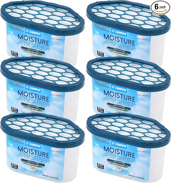 Moisture Absorber Fresh Cotton 6.5 oz/185g | Removes Moisture, Damp & Humidity | Odor Absorber With Fresh Cotton Fragrance | Moisture Trap for Bathroom, Closet, Kitchen | Set of 6