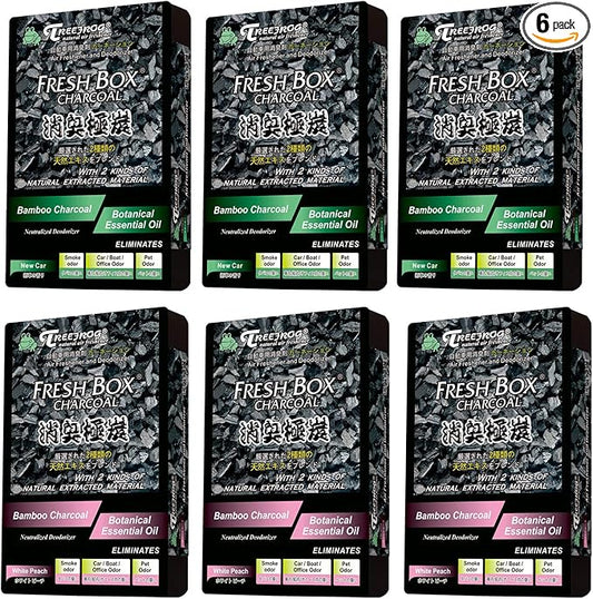 Treefrog Xtreme Fresh Charcoal New Car x3, White Peach Scent x3 Air Freshener, Deodorizer and Neutralizer air, Special Deal Bundle Mixed Pack, Black Bamboo Charcoal, Generously Large Size 200g.