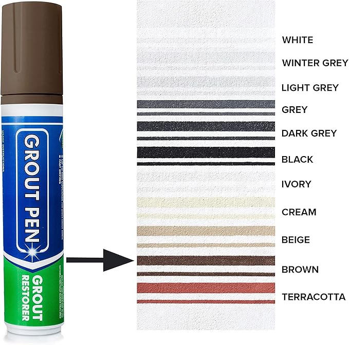 Grout Pen Tile Paint Marker: Waterproof Grout Colorant and Sealer Pen to Renew, Repair, and Refresh Tile Grout - Cleaner Coating Stain Pens - 2 Pack, 15mm Wide Brown and 5mm Narrow White Tip