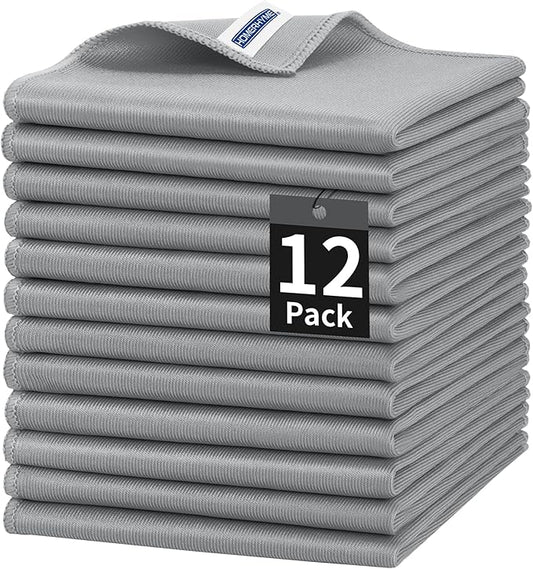 HOMERHYME Microfiber Cleaning Cloth, 12 Pack Window Glasses Cleaning Cloth, Reusable Lint-Free Streak Free Polishing Cloth Wipes for Stainless Steel, Eyeglasses, Mirrors, Screens & Lenses,12"*12" Grey