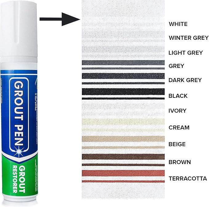 Grout Pen Tile Paint Marker: Waterproof Grout Colorant and Sealer Pen to Renew, Repair, and Refresh Tile Grout - Cleaner Coating Stain Pens - 2 Pack, 15mm Wide White and 15mm Wide Beige Tip