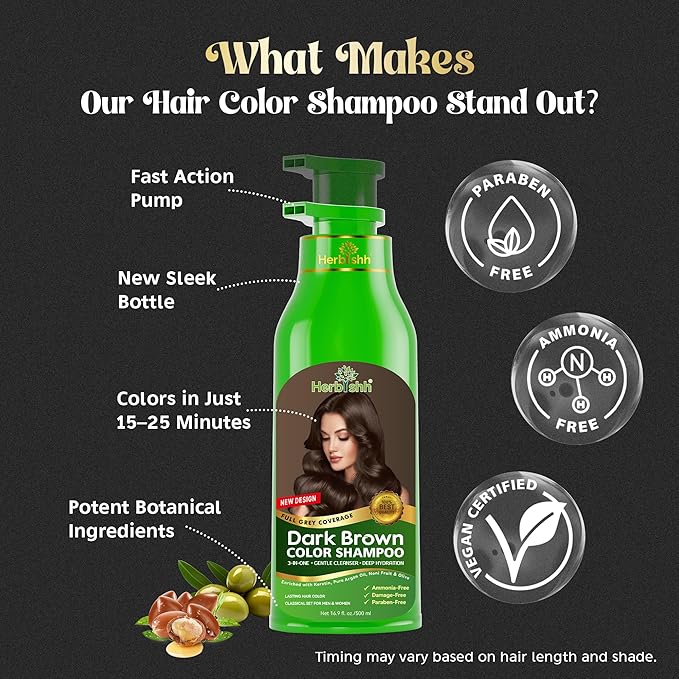 Herbishh Hair Color Shampoo for Gray Hair Dark Brown 500 ML + Stain Remover Wipes - Travel Pack With 5 Wipes