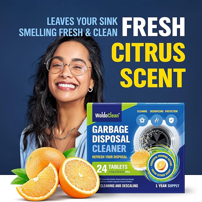 WoldoClean Garbage Disposal Cleaner Tablets - 24 Pack, Sink Drain Cleaner and Deodorizer, Fresh Citrus Foaming Action for Deep Kitchen Cleaning