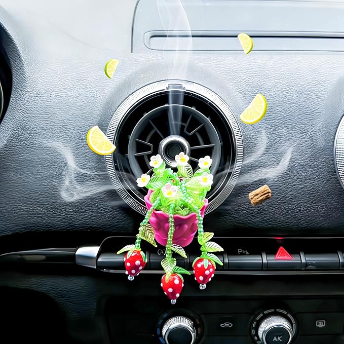Car Air Freshener Hanging & Vent Clip - Handmade Car Fragrance with Floral Pot Design, Car Scent for Rear View Mirror Accessories, Automotive Air Fresheners That Make Car Smell Good(strawberry)
