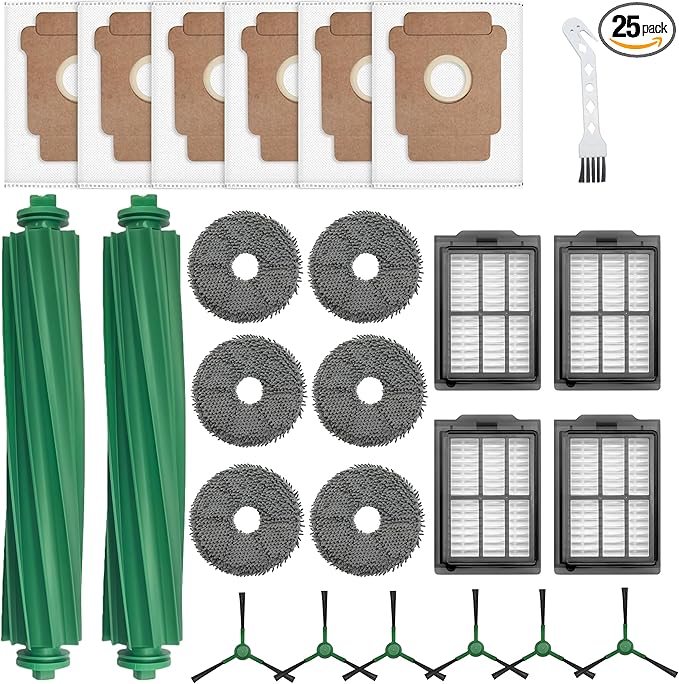 25 Pcs Accessories Kit for iRobot Roomba Plus 405/505/507 Combo Robot Vacuum Cleaner, 2 Main Brushes, 6 Dust Bags, 6 Mop Pads, 4 HEPA Filters, 6 Side Brushes and 1 Cleaning Tool