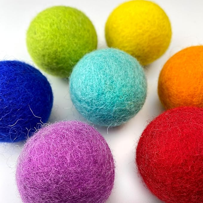 Rainbow Large Felt Balls | Montessori Wool Pom Poms for Baby, Crafts, Cats, Essential Oils, Felting & Garland | 7 ROYGBIV Colors | 4 CM (1.75-2") Jumbo Size | Muslin Storage Bag