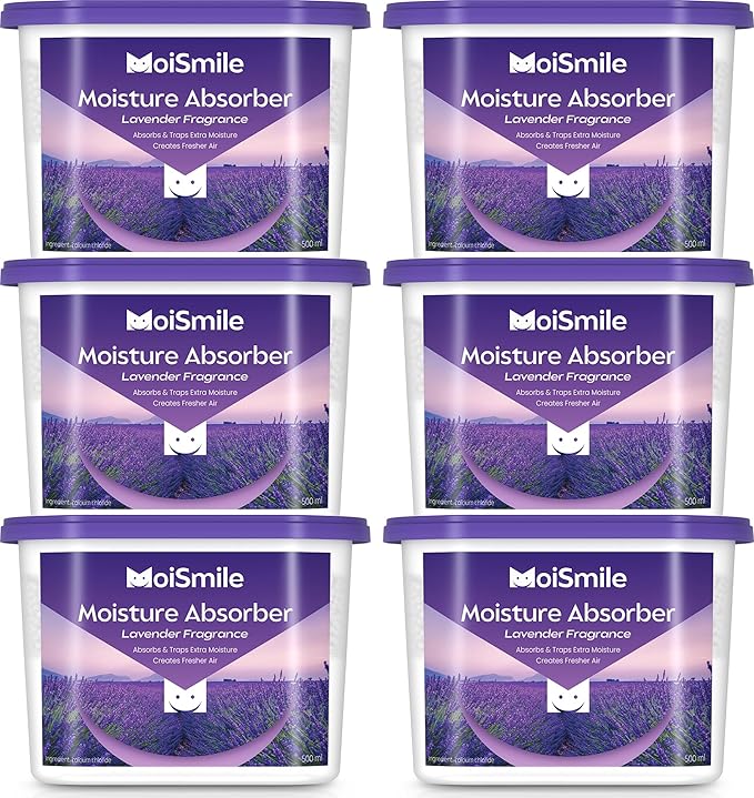 Moisture Absorbers 6 Packs, 10.8 Oz Lavender Vanilla Efficient Humidity Absorber ＆ Odor Eliminator Boxes, Refillable Car Dehumidifier for Closet, Bathroom, Basement＆ RV