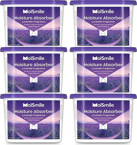 Moisture Absorbers 6 Packs, 10.8 Oz Lavender Vanilla Efficient Humidity Absorber ＆ Odor Eliminator Boxes, Refillable Car Dehumidifier for Closet, Bathroom, Basement＆ RV