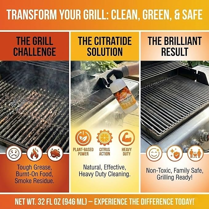 Grill & Oven Cleaner Spray – Heavy Duty Plant-Based Citrus Degreaser Cleans and Degreases BBQ Cooking Grates and Racks, Pellet and Electric Smokers– Non-Toxic, USA Made (32 fl oz)