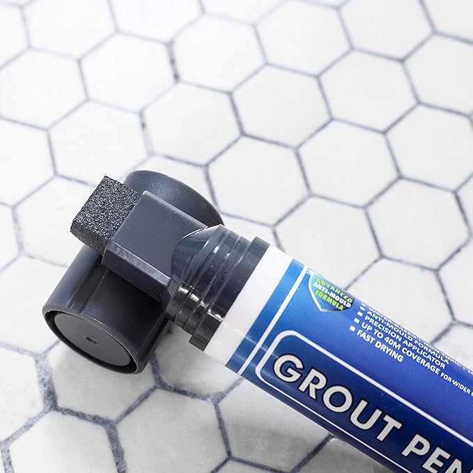 Grout Pen Tile Paint Marker: Waterproof Grout Colorant and Sealer Pen to Renew, Repair, and Refresh Tile Grout - Cleaner Coating Stain Pens - 2 Pack, 5mm Narrow and 15mm Wide Tip Pen - Dark Grey