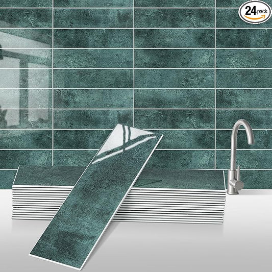 24-Pieces Peel and Stick Tiles for Kitchen Backsplash, New Upgrade Design 12" x 3"SPC Subway Backsplash Tiles, Marble Green Premium Finger Tiles（Green）.