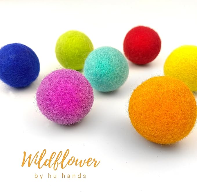 Rainbow Large Felt Balls | Montessori Wool Pom Poms for Baby, Crafts, Cats, Essential Oils, Felting & Garland | 7 ROYGBIV Colors | 4 CM (1.75-2") Jumbo Size | Muslin Storage Bag