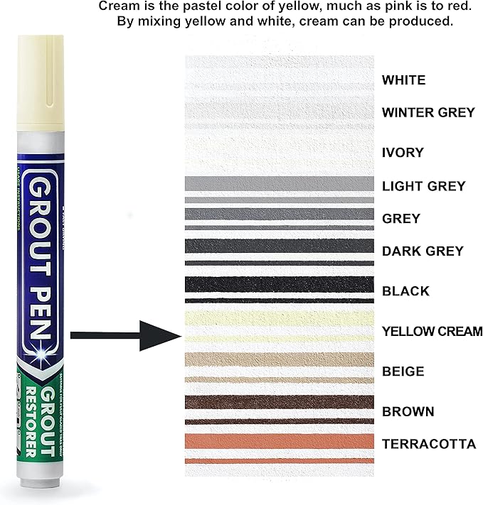 Grout Pen Tile Paint Marker: Yellow Cream Narrow 5mm with 5 Pack Replacement Tips - Waterproof Grout Colorant and Sealer Pen to Renew, Repair, and Refresh Tile Grout - Cleaner Coating Stain Pens