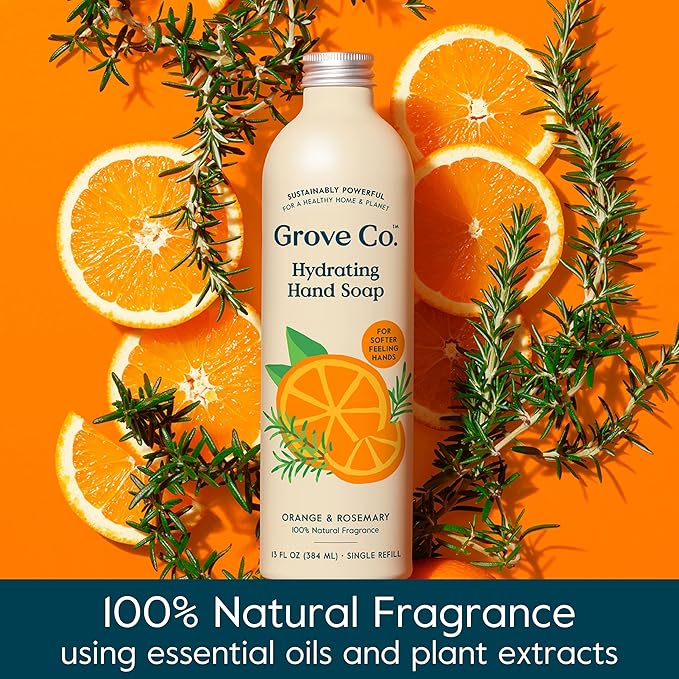 Grove Co. Hydrating Gel Hand Soap Refills (2 x 13 Fl Oz) + 1 x Reusable Glass Soap Dispenser, Plastic-Free & Liquid Refillable Starter Kit, Natural Orange & Rosemary Fragrance