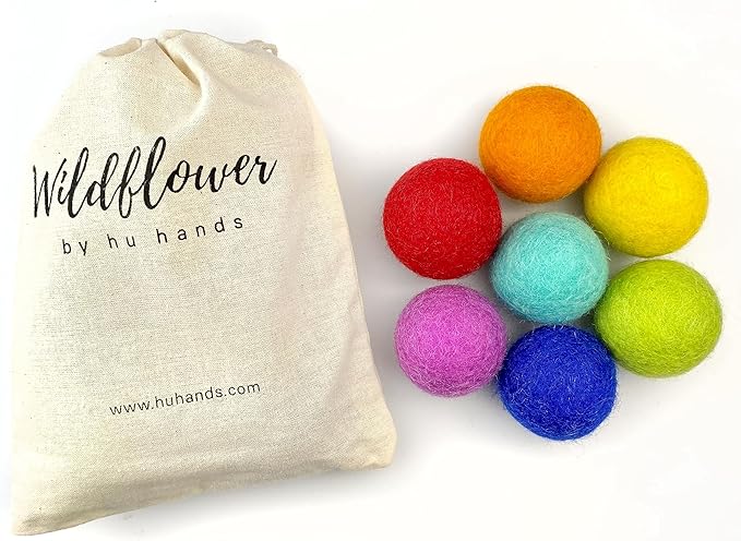 Rainbow Large Felt Balls | Montessori Wool Pom Poms for Baby, Crafts, Cats, Essential Oils, Felting & Garland | 7 ROYGBIV Colors | 4 CM (1.75-2") Jumbo Size | Muslin Storage Bag