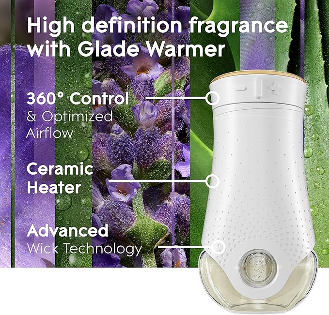 Glade PlugIns Refills Air Freshener Starter Kit, Scented and Essential Oils for Home and Bathroom, Lavender & Aloe, 3.35 Fl Oz, 1 Warmer + 5 Refills