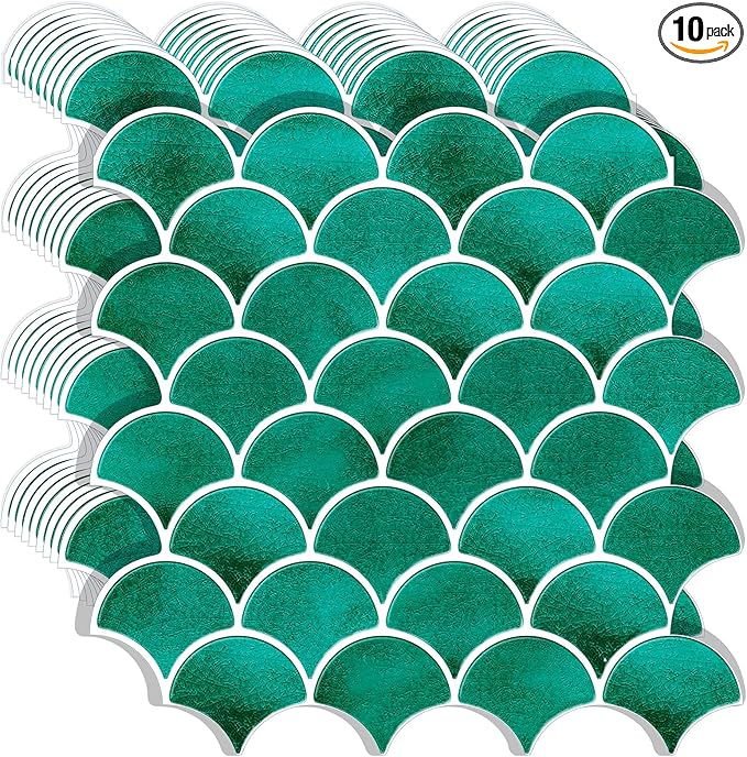 Peel and Stick Fish Scale Tile for Kitchen and Bathroom Backsplash, Green, 10 Sheets of 12x12 inches, Modern, Textured, Waterproof