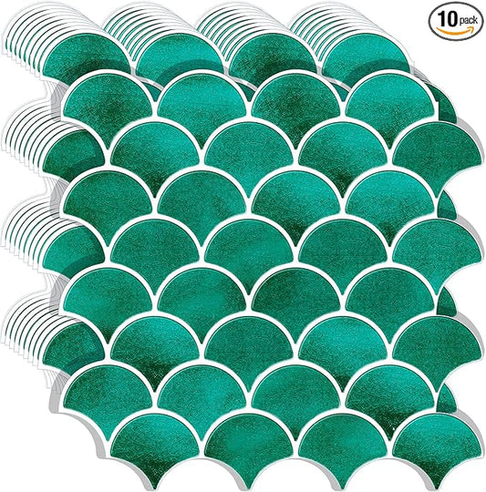 Peel and Stick Fish Scale Tile for Kitchen and Bathroom Backsplash, Green, 10 Sheets of 12x12 inches, Modern, Textured, Waterproof