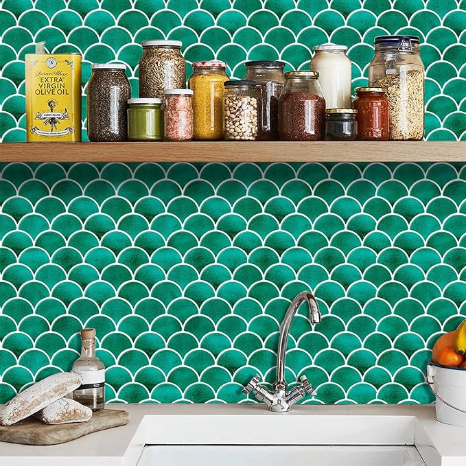 Peel and Stick Fish Scale Tile for Kitchen and Bathroom Backsplash, Green, 10 Sheets of 12x12 inches, Modern, Textured, Waterproof