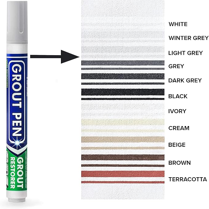 Grout Pen Tile Paint Marker: Waterproof Grout Colorant and Sealer Pen to Renew, Repair, and Refresh Tile Grout - Cleaner Coating Stain Pens - 2 Pack, 5mm Narrow Light Grey and 5mm Narrow White Tip