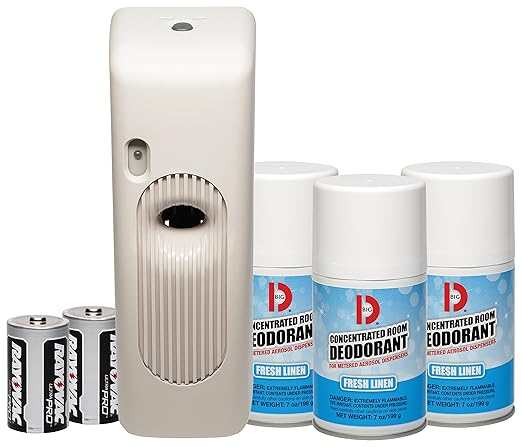 Big D 872 Metered Aerosol Starter Kit, Fresh Linen Fragrance (Contains Dispenser, 2 Batteries, 3 Aerosol Cans) - Air freshener Ideal for restrooms, Offices, Hotels, Stores, Beige, 7 oz. Aerosol