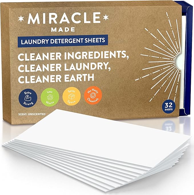 Miracle Made Liquidless Laundry Detergent Sheets – Ultra-Concentrated, Space-Saving, Plastic-Free – No Dyes, Bleach, or Parabens – 32 Strips (64 Loads) – Unscented