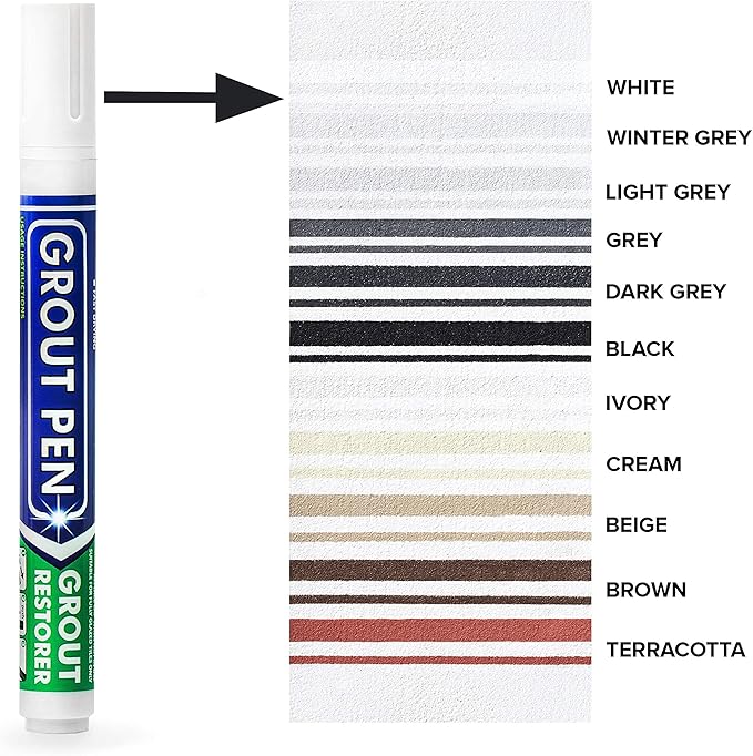 Grout Pen Tile Paint Marker: Waterproof Grout Colorant and Sealer Pen to Renew, Repair, and Refresh Tile Grout - Cleaner Coating Stain Pens - 2 Pack, 15mm Wide Light Grey and 5mm Narrow White Tip