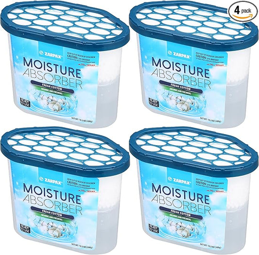 Moisture Absorber Fresh Cotton 10.5 oz/300g | Removes Moisture, Damp & Humidity | Odor Absorber With Fresh Cotton Fragrance | Moisture Trap for Bathroom, Closet, Kitchen | Set of 4