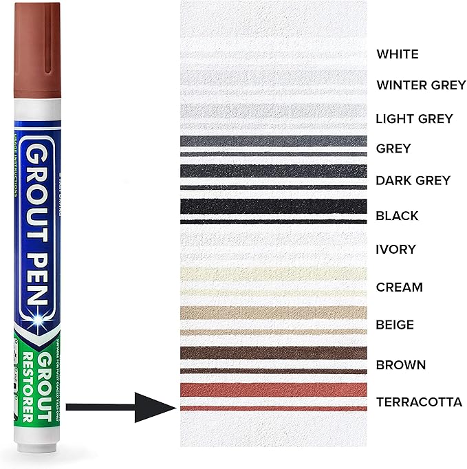 Grout Pen Tile Paint Marker: Waterproof Grout Colorant and Sealer Pen to Renew, Repair, and Refresh Tile Grout - Cleaner Coating Stain Pens - 2 Pack, 5mm Narrow Terracotta and 5mm Narrow White Tip