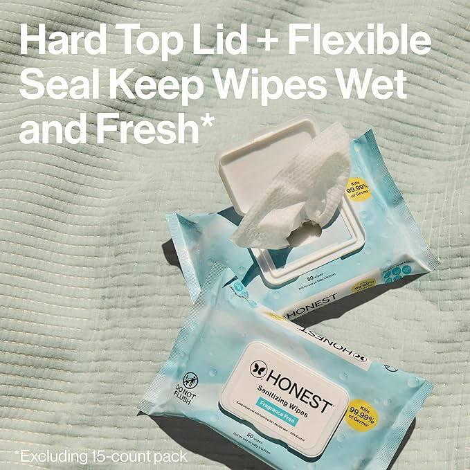 The Honest Company Fragrance-Free Sanitizing Alcohol Wipes, Antibacterial Safe for Hands, Kills 99% of Germs, Made With Aloe, 50 Count (1 Pack)