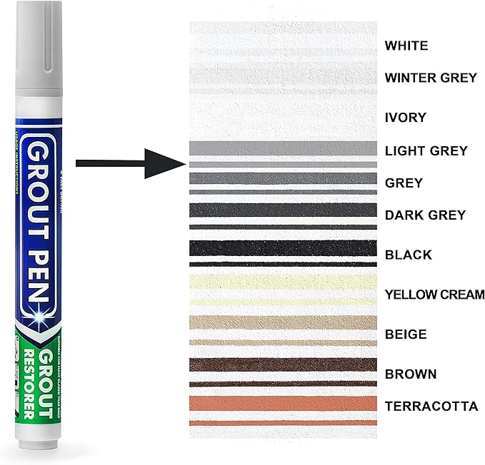 Grout Pen Tile Paint Marker: Light Grey Narrow 5mm with 5 Pack Replacement Tips - Waterproof Grout Colorant and Sealer Pen to Renew, Repair, and Refresh Tile Grout - Cleaner Coating Stain Pens