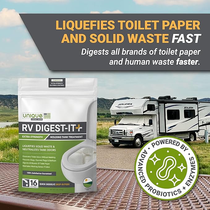 Unique RV Digest-It+ Extra-Strength RV Toilet Treatment Pod - Liquifies Waste and All Brands of Toilet Paper - Eliminates Odors at the Source (16 Pods) (Pack of 2)