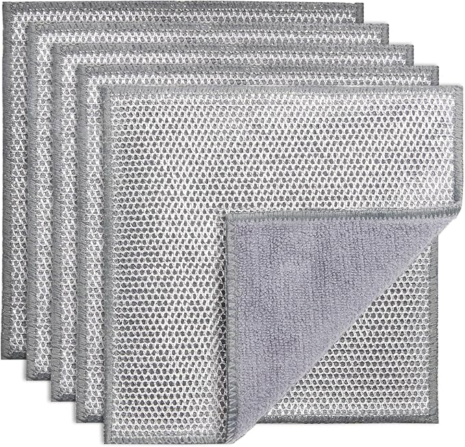5 Pack Dual-Sided Metal Wire Dishcloth, Reusable Non-Scratch Cleaning Pads with Fabric Side for Nonstick Cookware, Pots, Pans & Kitchen Cleaning