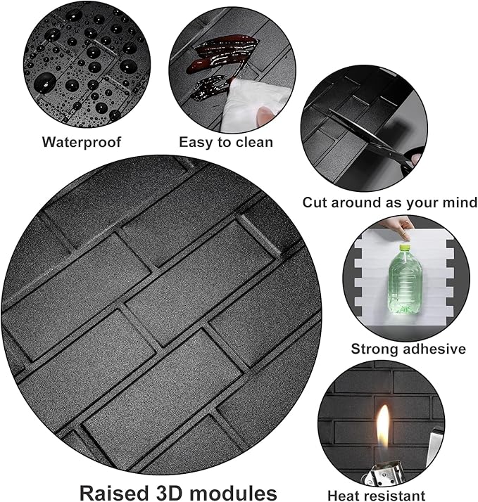 Matte Black Peel and Stick Subway Tiles for Kitchen, Thicker Design Stick on Tlies for Living Room, Large 10-Sheet Self-Adhesive Kitchen Backsplash (12''×12'')