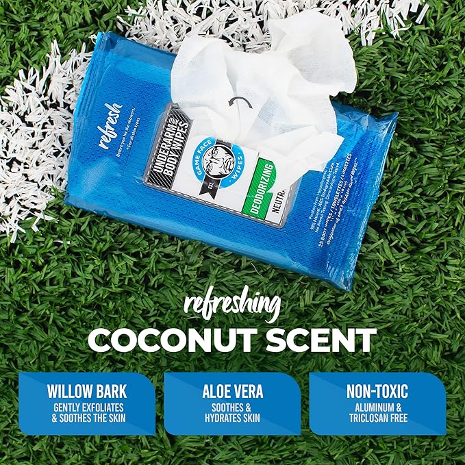 Game Face Deodorizing Body Wipes 25 Count Extra Large Size Compostable Cloth Naturally Formulated Hydrating, Refreshing, and Odor Neutralizing Wipes for Athletic, Sport, and On The Go Needs