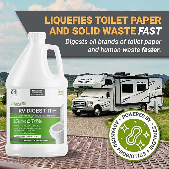 Unique RV Digest-It+, Extra-Strength RV Toilet Treatment - Liquifies Waste and Toilet Paper - Odor Eliminator (128 oz)