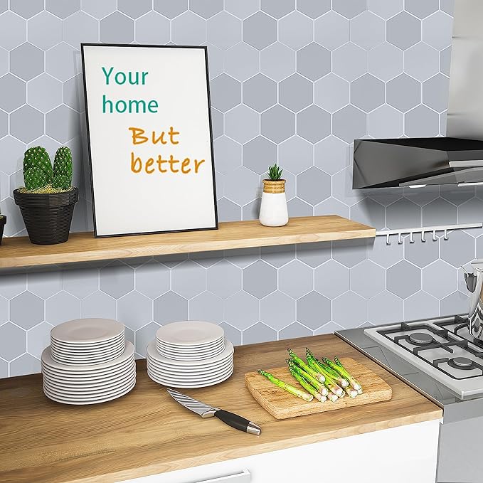 New Upgrade Premium Hexagon Peel and Stick Tile Backsplash，Matte Grey Waterproof Stick on Backsplash, Self-Adhesive Marble Tiles for Kitchen,Bathroom and Bedroom，10-Sheet.
