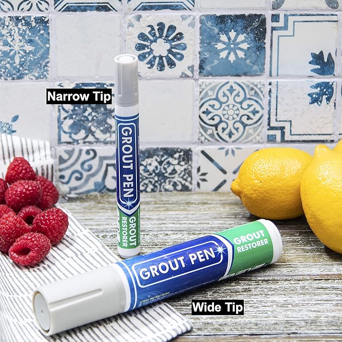 Grout Pen Tile Paint Marker: Light Grey 1 Pack and 2 Pack with Extra Tips (Narrow, 5mm) - Waterproof Grout Colorant and Sealer Pen to Renew, Repair, and Refresh Tile Grout - Cleaner Floor Pens