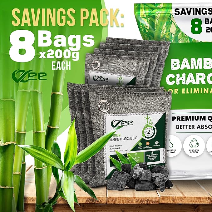 8 Bags x 200g Nature Fresh Activated Charcoal Odor Absorber, Bamboo Charcoal Air Purifying Bag, Odor Eliminator for Home, Car, Cigarette Smoke, Dog, Cat, Shoes