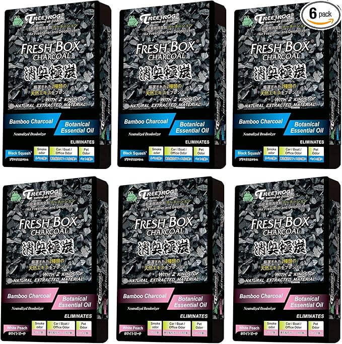 Treefrog Xtreme Fresh Charcoal Black Squash x3, White Peach Scent x3 Air Freshener, Deodorizer and Neutralizer air, Special Bundle Mixed Pack, Black Bamboo Charcoal, Large Size 200g.