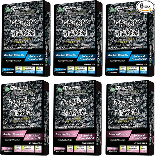 Treefrog Xtreme Fresh Charcoal Black Squash x3, White Peach Scent x3 Air Freshener, Deodorizer and Neutralizer air, Special Bundle Mixed Pack, Black Bamboo Charcoal, Large Size 200g.