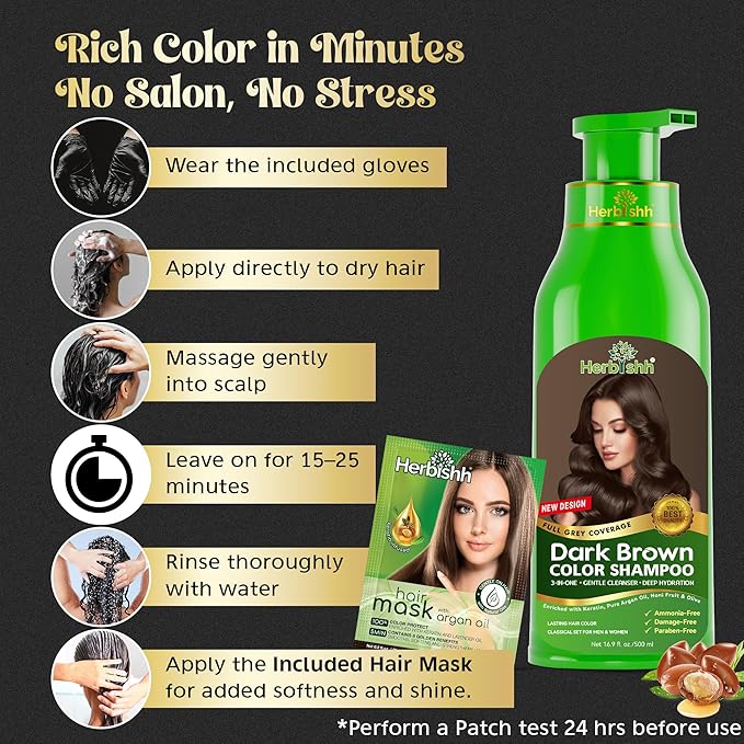 Herbishh Hair Color Shampoo for Gray Hair Dark Brown 500 ML + Stain Remover Wipes - Travel Pack With 5 Wipes
