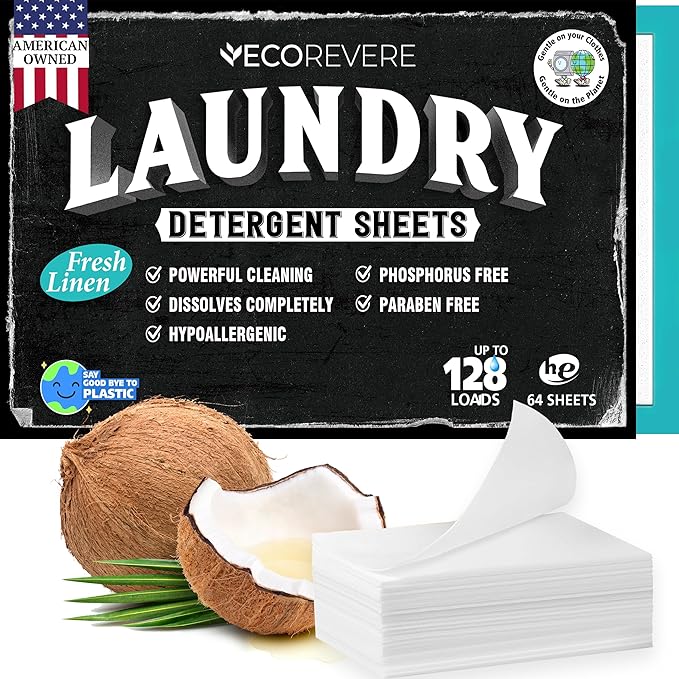 Laundry Detergent Sheets - Eco Friendly Hypoallergenic for sensitive skin, Natural Plant Based Washer Sheets, Travel Laundry Detergent, Harsh Chemical Free Laundry Soap (64 cnt/ 128 Small Loads)